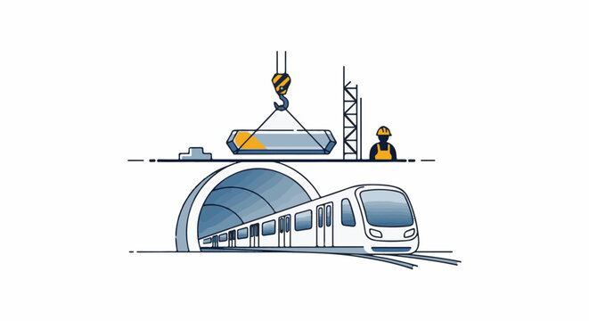 Modern train emerges from illuminated tunnel construction site with crane