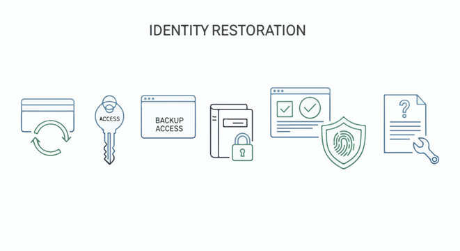 Icons illustrating identity restoration steps card, key, backup, lock, shield, document