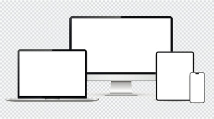Naklejka premium Realistic computer, laptop, tablet, and smartphone. Vector illustration of a device screen mockup.