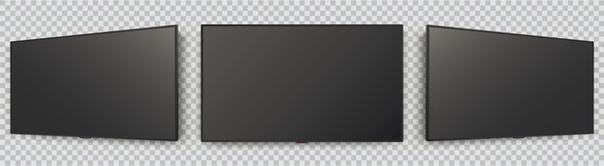 Fototapeta na wymiar Realistic black flat led TV screen. TV screen mockup. Television display on three sides with blank screen isolated on transparent background with shadow.