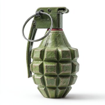 A textured, green, hand-held explosive device is displayed against a bright white background, showcasing its intricate design