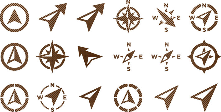 Directional navigation compass and arrow vector icon set, a collection of brown travel and location symbols, perfect for mapping and wayfinding graphics isolated on White Background
