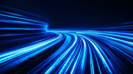 Fototapeta premium A vibrant blue light trail curves through a dark background with a sense of speed and motion