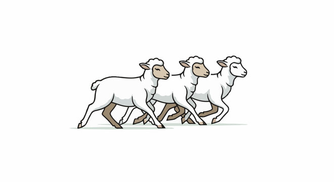 Three cartoon sheep running in unison across a white background