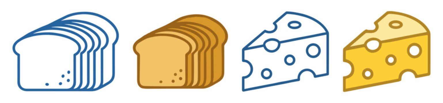 Bread and cheese vector icon set with bakery and dairy food symbols on transparent background