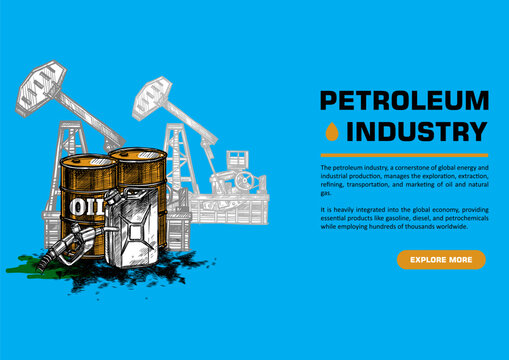 Industrial petroleum industry background for website banners and social media. Professional oil and gas refinery, energy fuel production, and global power plant illustration for business media.