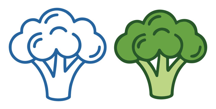 Broccoli vegetable vector icon set with outline and colorful healthy food symbols on transparent background