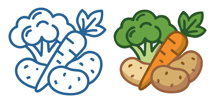 Vegetable vector icon set with broccoli, carrot and potato food symbols on transparent background