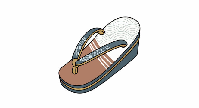 A Japanese sandal with a wooden sole and fabric straps is shown