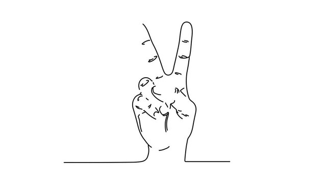 Continuous line art drawing of hands making a peace sign.