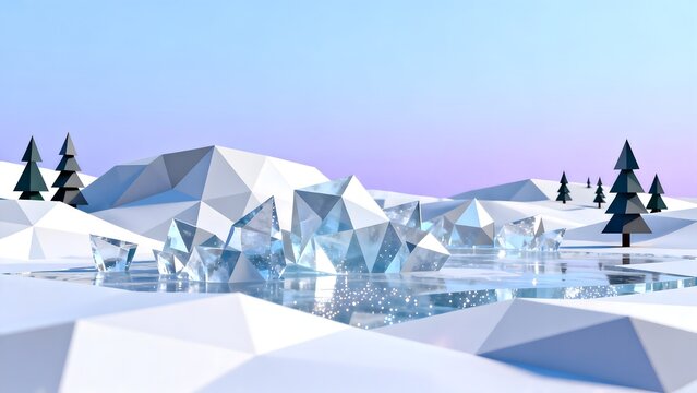 Low poly icy landscape with crystalline structures