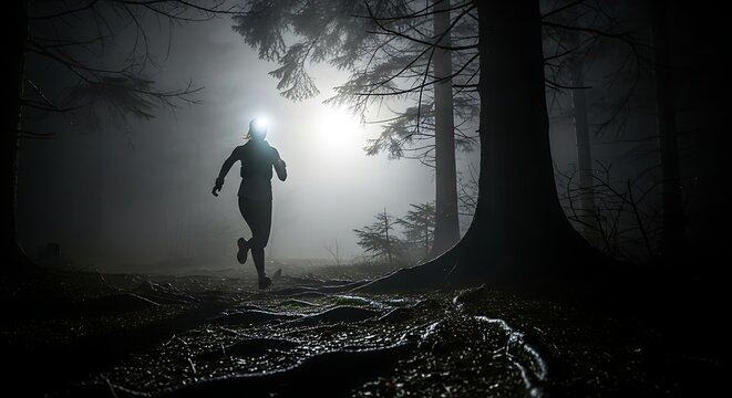 Runner in illuminated forest at night with headlamp exercise concept