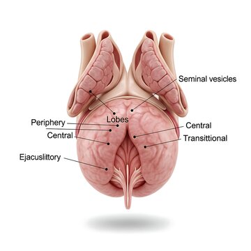 Prostate Anatomy: An anatomical depiction of a prostate gland, labeled with key features such as lobes and seminal vesicles, providing a detailed view of its structure.