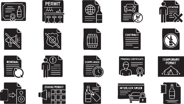 Liquor licensing and alcohol regulation icons for beverage compliance with permit renewal and training certificate including zoning rules and temporary event legal symbols