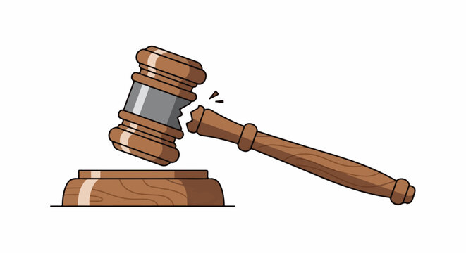 A broken wooden judge's gavel lies on its base