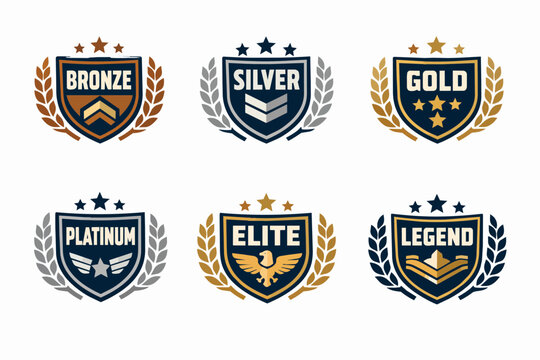 Game ranking badges collection showing achievement levels from bronze to legend