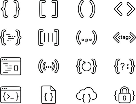 Programming Code Icons Set with Brackets Tags and Browser