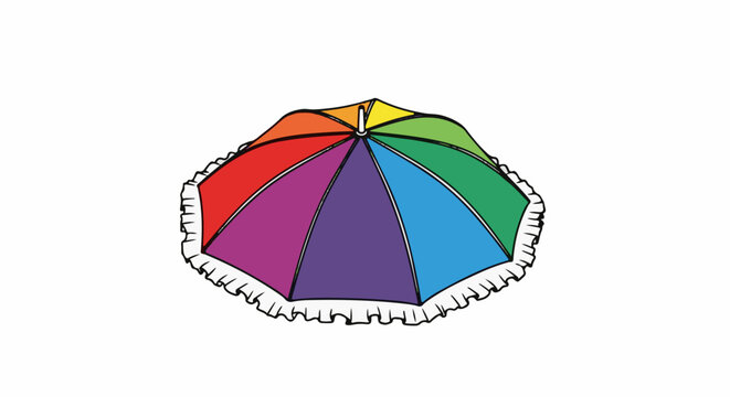 An opened, colorful, cartoon-style umbrella with a ruffled edge