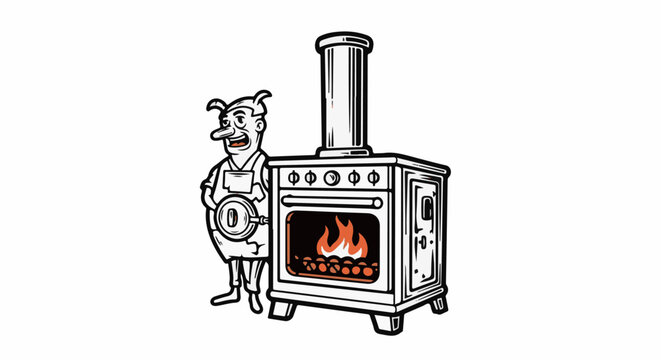 Animated character in an apron stands by a burning stove with cooking utensils