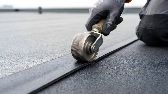 professional flat roof installation | sealing EPDM rubber membrane seams | roofer using hand seam roller tool | industrial waterproofing construction work