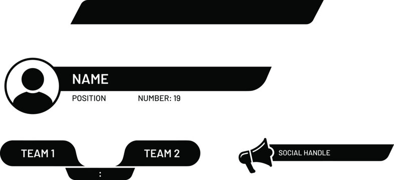 Set of professional broadcast lower third graphics including name bars team score boards and commentator bars in a sleek black and grey vector style