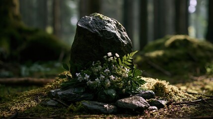 Fototapeta premium Small forest shrine with dark stone and white flowers