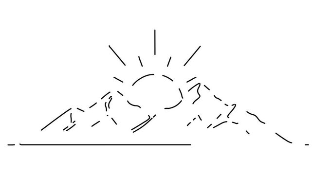 Continuous line art drawing of mountains and sunrise.