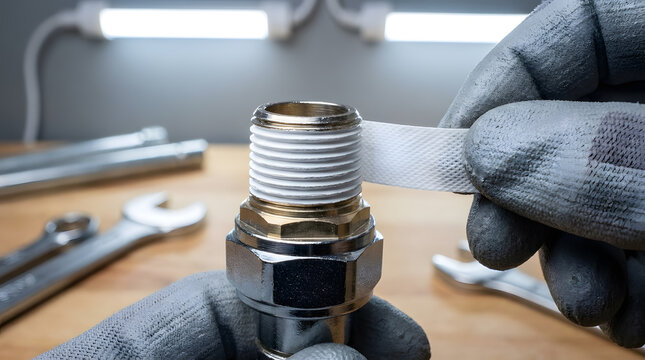 Applying white PTFE thread seal tape to pipe fitting | Plumbing maintenance and repair for water leak prevention | Professional plumber hands sealing metal pipe threads | Sealing threaded pipe connect