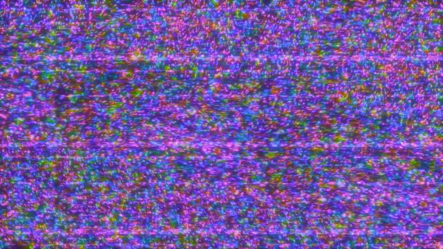 Retro VHS purple-toned grain noise overlay with colorful analog strobe and glitch corruption distortion, for use as video overlay.