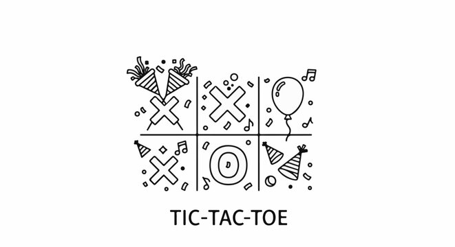 A tic-tac-toe board with party elements like hats, balloons, and confetti