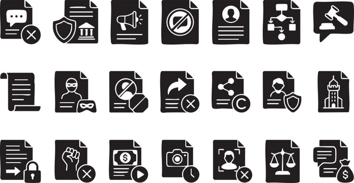 Internet privacy and digital rights icons set for social media ethics and data protection on transparent background including censorship and anonymous online behavior
