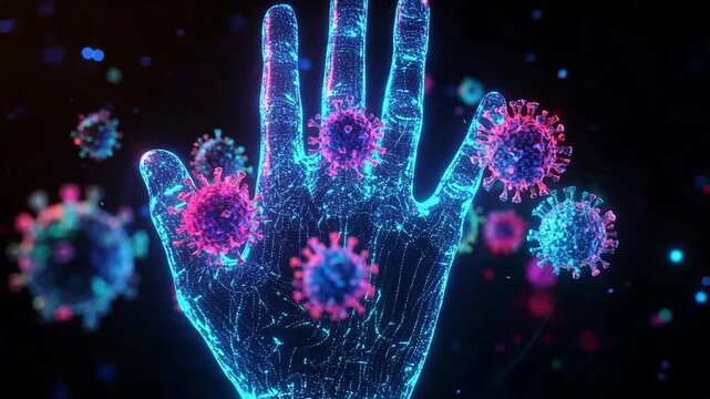Glowing digital human hand surrounded by colorful virus particles abstract visualization of immune system defense biotechnology concept with neon light and floating microorganisms in dark space studio