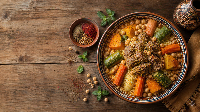 Couscous marocchino tradizionale con agnello, ceci e verdure su tavolo rustico. Generative AI 