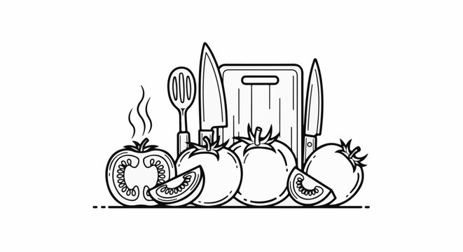 Line art illustration of fresh tomatoes, cutting board, knives, and slotted spoon