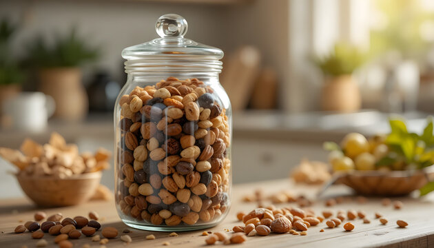 A glass jar filled with mixed nuts on the kitchen table. created with generative ai