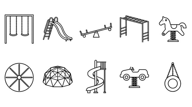 Orthographic CAD block plan view of 10 playground structures and park equipment icon sheet, EPS