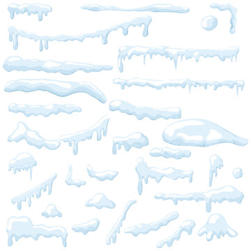 Snow caps and icicles of various shapes on a blue background, Vector illustration. Frosty snowdrifts, hanging ice curbs and a white winter roof, the collection is isolated on a blue background
