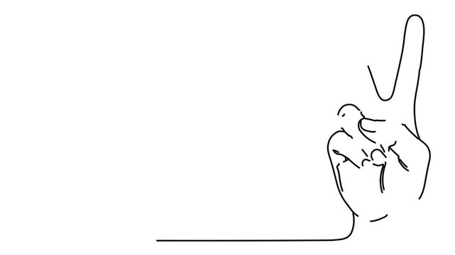 Continuous line art drawing of hands making a peace sign.