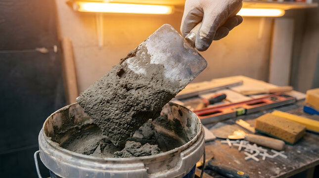 Professional bricklayer applying mortar with trowel | Home renovation tiling process with cement mixture | Close up of construction worker hand mixing adhesive | Masonry tools and building materials 
