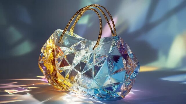 Luxury crystal glass handbag with faceted geometric surface and golden handle reflecting vibrant rainbow light on glossy background premium fashion accessory modern design elegance and high end style