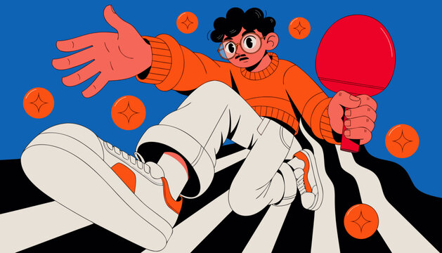 Man playing table tennis with orange balls