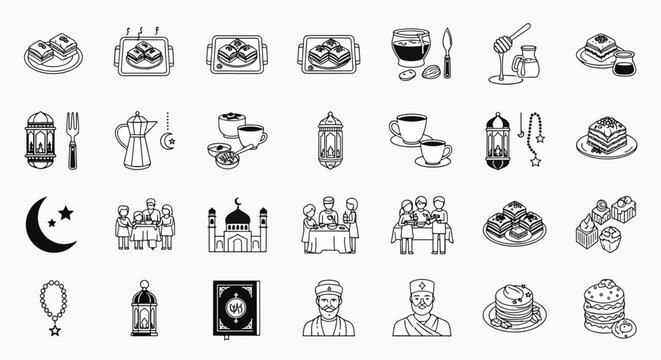 Islamic Ramadan Icons Collection Diverse Festive Symbols Including Dates Lanterns Mosque Food and People