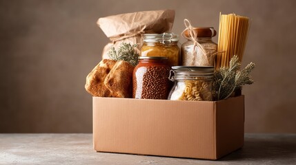 Fototapeta premium In a cozy setting, a cardboard box holds a treasure trove of nonperishable foods. Filled with jars, pasta, and snacks, it waits to bring comfort and sustenance to those in need