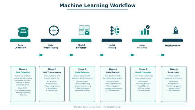 Machine learning workflow infographic pipeline from data to production