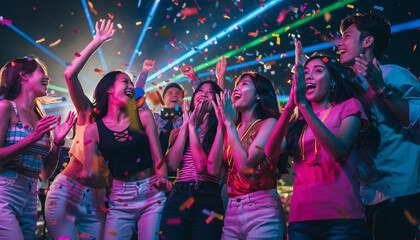 Obraz premium Group of young people celebrating with confetti and colorful lights at a party.