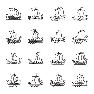 Collection of Viking longship illustrations with sails and oars on a white background