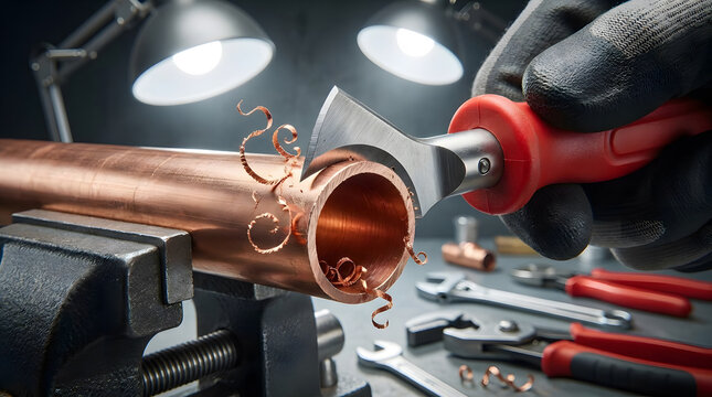 Professional pipe deburring tool in use | Smoothing edges of copper plumbing pipe | Plumbing hand tools for metal pipe preparation | Metalworking deburring process with copper shavings