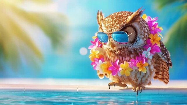 Owl wearing sunglasses and floral lei by the pool on a bright summer day