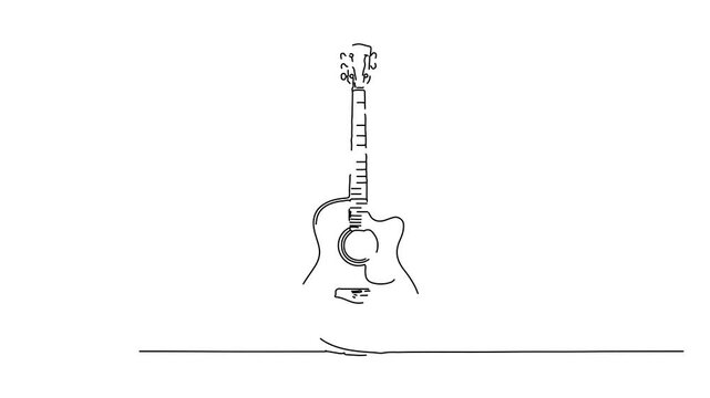 Continuous line art drawing of an acoustic guitar.