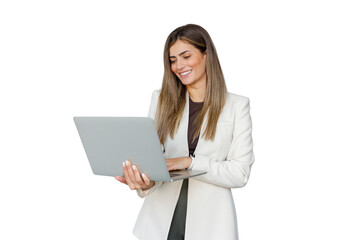 Businesswoman standing, holding laptop, typing and smiling, confident professional female working...